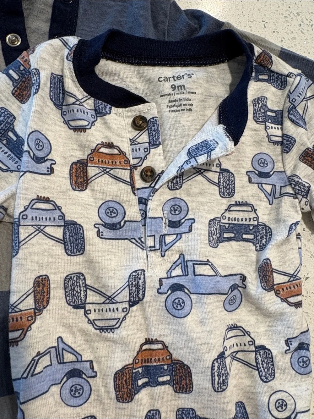 Carter's Blue & Gray Striped Hooded One-Piece with Truck-Print Bodysuit 9 Months